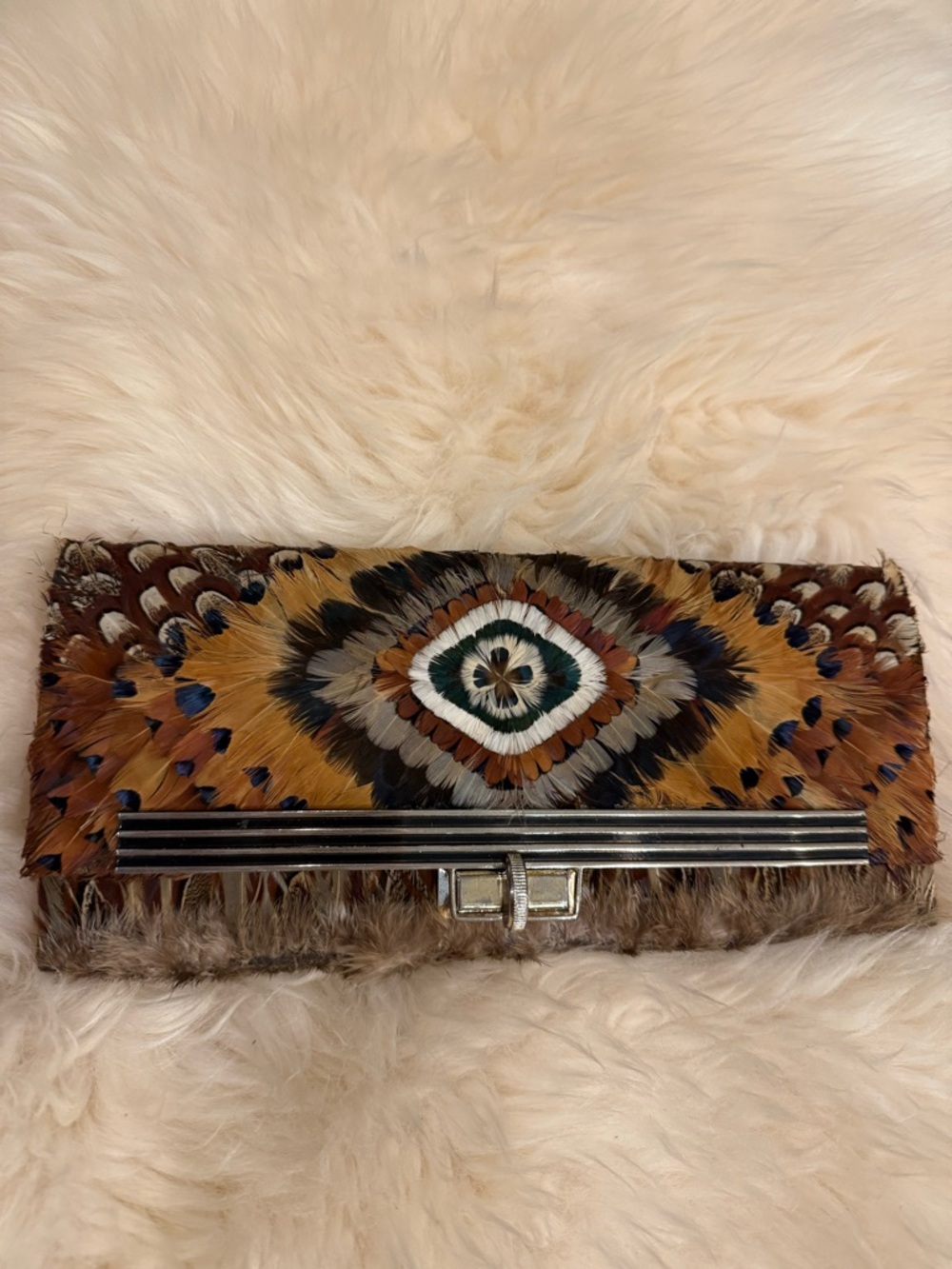 Feather-Pattern Brown Multi-Color Clutch with Silver-Tone Accent